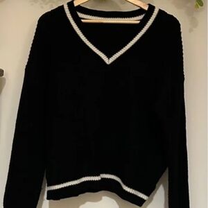 SHEIN Black V-Neck Sweater with White Accents